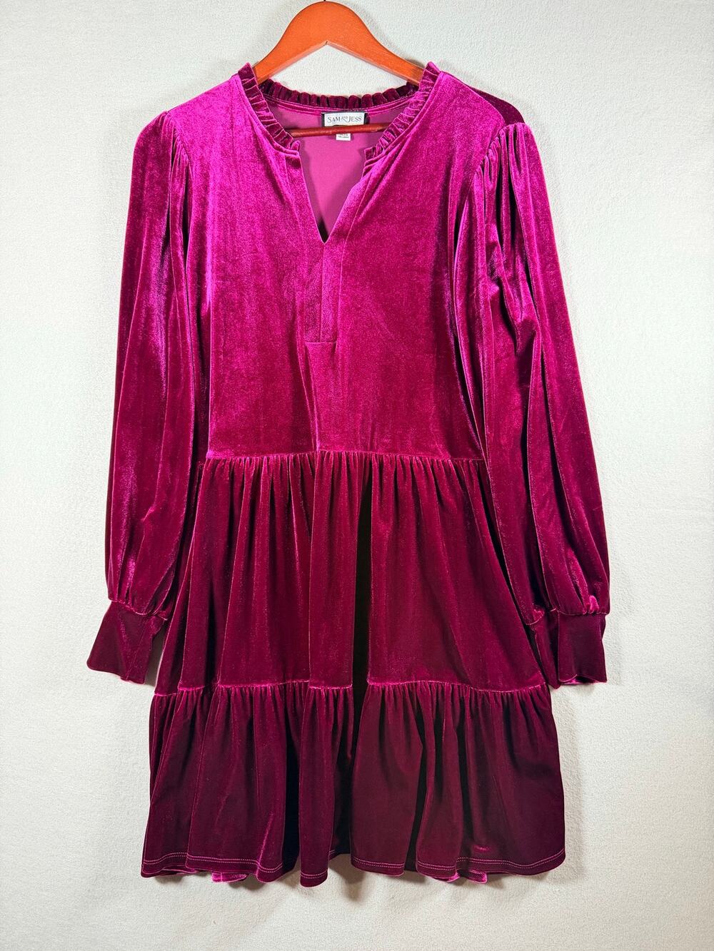 Sam and Jess Womens Velvet Tiered Dress Medium Magenta Ruffle Neck Long Sleeve